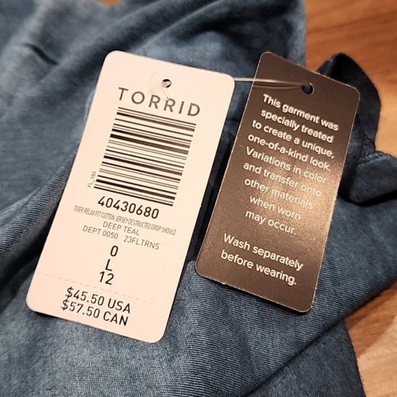 Torrid - Tiger Relaxed Fit Cotton Jersey Destructed Drop Shoulder Tunic in Teal - Picture 9 of 14